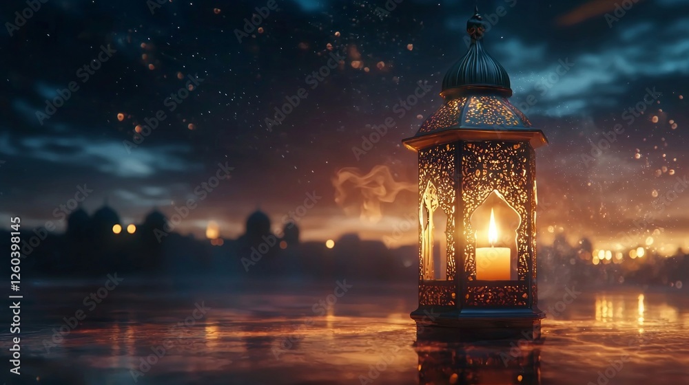An ornate Arabic lantern radiates a soft glow, casting intricate shadows. The serene evening sky blends with distant silhouettes, evoking a sense of timeless harmony and beauty An ornate Arabic lantern radiates a soft glow, casting intricate shadows. The serene evening sky blends with distant silhouettes, evoking a sense of timeless harmony and beauty