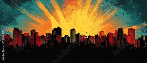 Bold and colorful comic book background with a city silhouette, energetic color palette, dramatic lighting, and urban setting, perfect for dynamic and actionfilled scenes