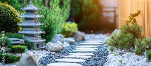 Backyard stone decorations with pagoda and pine trees creating a serene garden pathway ideal for personalized text and enhancements. photo