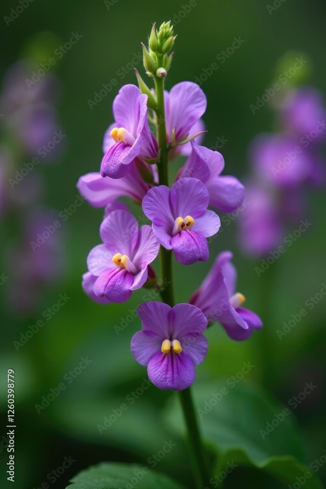Delicate purple mouse pea flowers on a lush green stem, foliage, purple, garden Delicate purple mouse pea flowers on a lush green stem, foliage, purple, garden