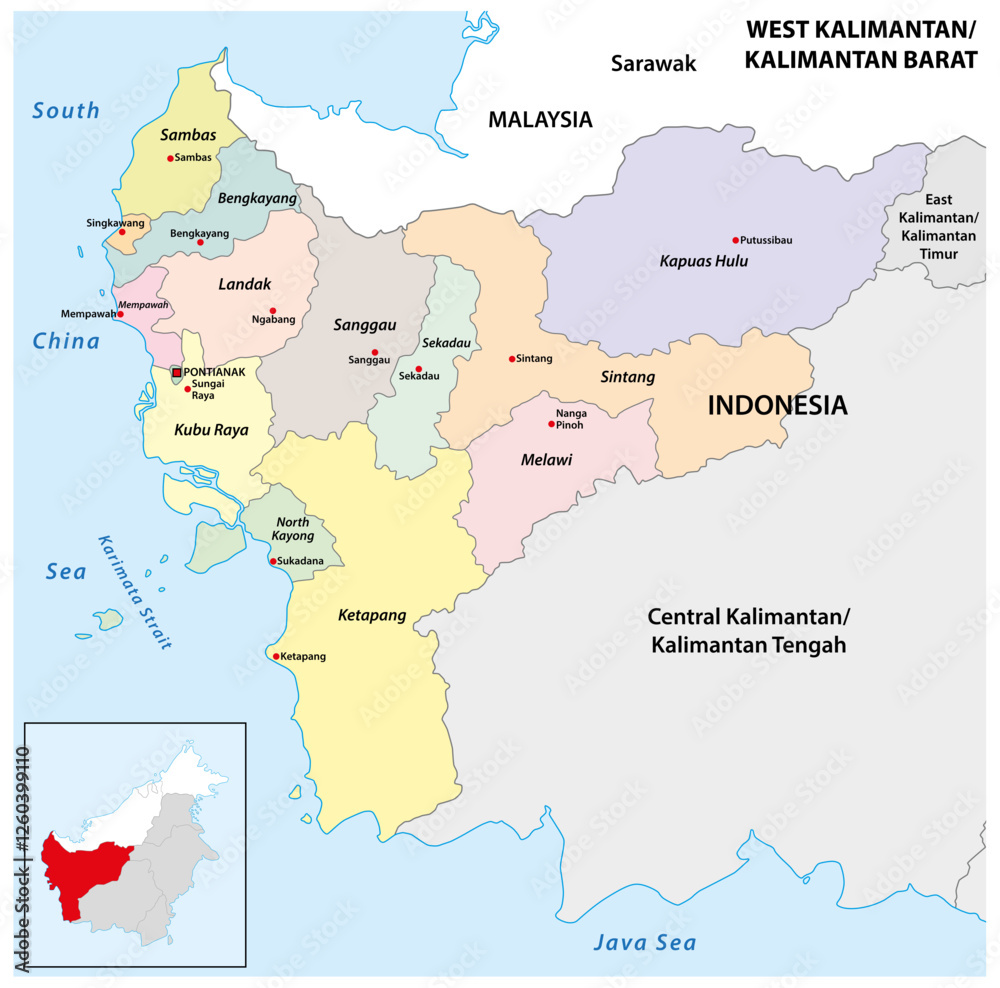 Fototapeta Administrative map of the Indonesian province of West Kalimantan, Borneo
