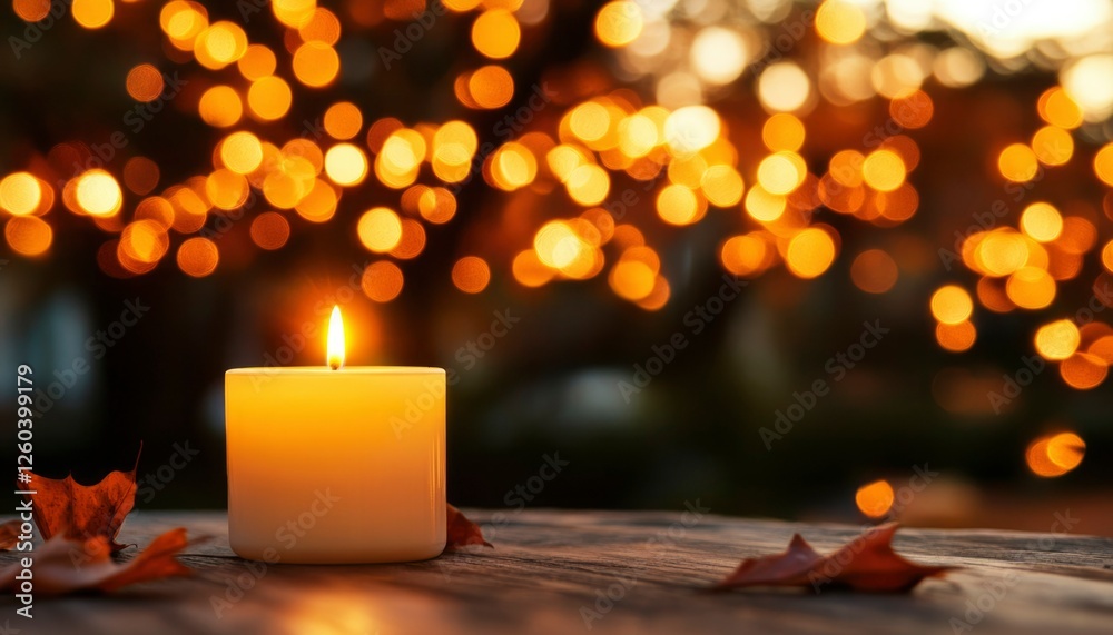 A lit candle sits on wood with autumn leaves and warm lights A lit candle sits on wood with autumn leaves and warm lights