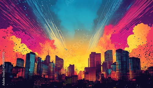 Energetic and vibrant comic scene with a city silhouette, bright contrasting colors, neonlike glow, dynamic background, and stylized graphic elements photo