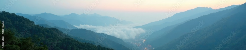 Foggy valley with mountains in the background, cloud, terrain Foggy valley with mountains in the background, cloud, terrain