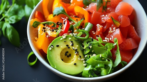 A vibrant bowl filled with fresh vegetables including avocado, tomatoes, and bell peppers, garnished with sesame seeds, perfect for healthy meal photography.