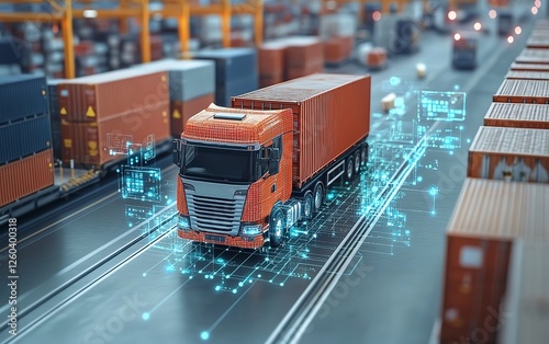 Futuristic digital transformation of global supply chain, holographic map interface, interconnected networks, data streams, and techpowered logistics with a global perspective photo