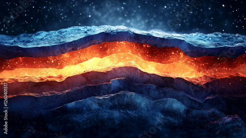 Cross-section of Earth's layers with glowing anomalies, revealing abstract geological dynamics