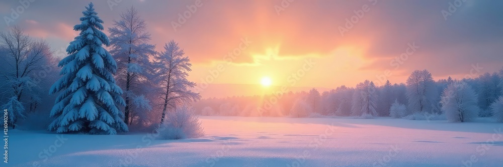 Fototapeta premium Frosty morning scene with the sun rising behind snow-covered trees in a winter landscape, calm, stillness