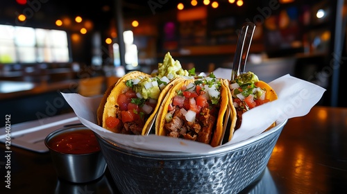 A vibrant platter of tacos filled with seasoned meat, fresh vegetables, and topped with guacamole, set in a warm, inviting restaurant ambiance.