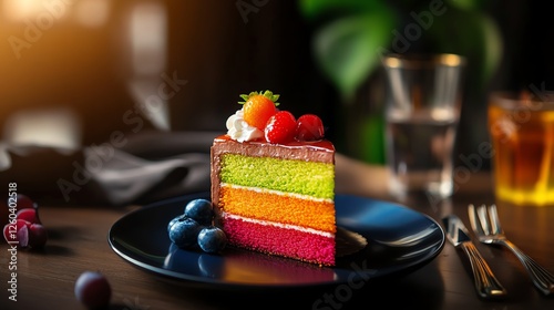 A vibrant slice of layered cake showcasing bright colors and fresh toppings, perfectly served on a plate. Ideal for dessert lovers seeking delightful culinary inspirations.