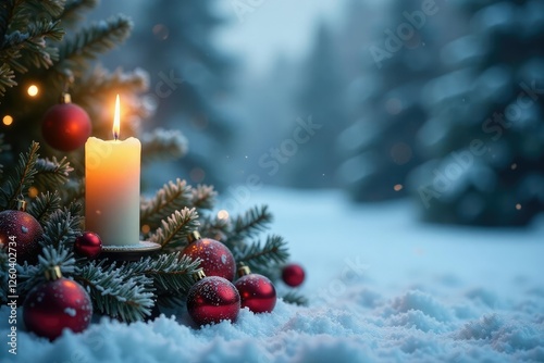 Frosty snowscape with vintage candle holder amidst Christmas decorations, snowy landscape, decoration photo