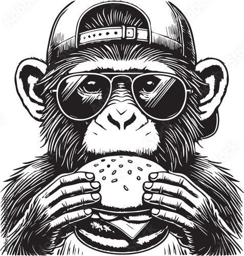 Monkey eating a hamburger sunglasses vector illustration