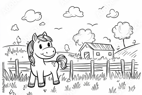 Cute kawaii horse cartoon character coloring page on the farm background.