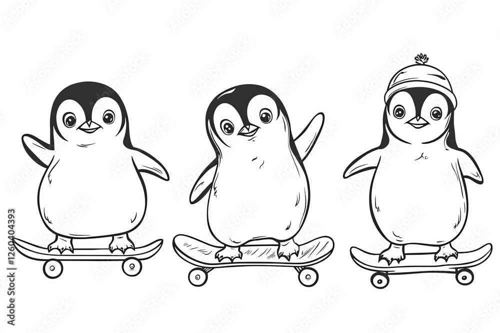 Naklejka premium Cute penguin vector illustration playing skateboard. Black and white outline coloring book.