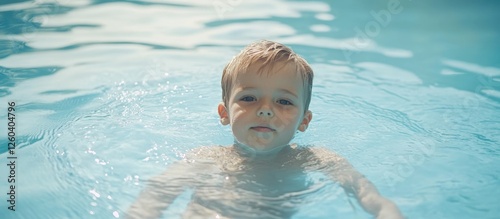 Toddler boy enjoying playful moments in swimming pool with water reflections and empty space for text or branding photo