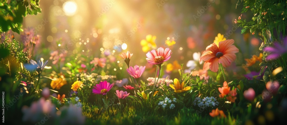 Vibrant diverse flower collection basking in sunlight creating a magical and serene natural landscape scene Vibrant diverse flower collection basking in sunlight creating a magical and serene natural landscape scene