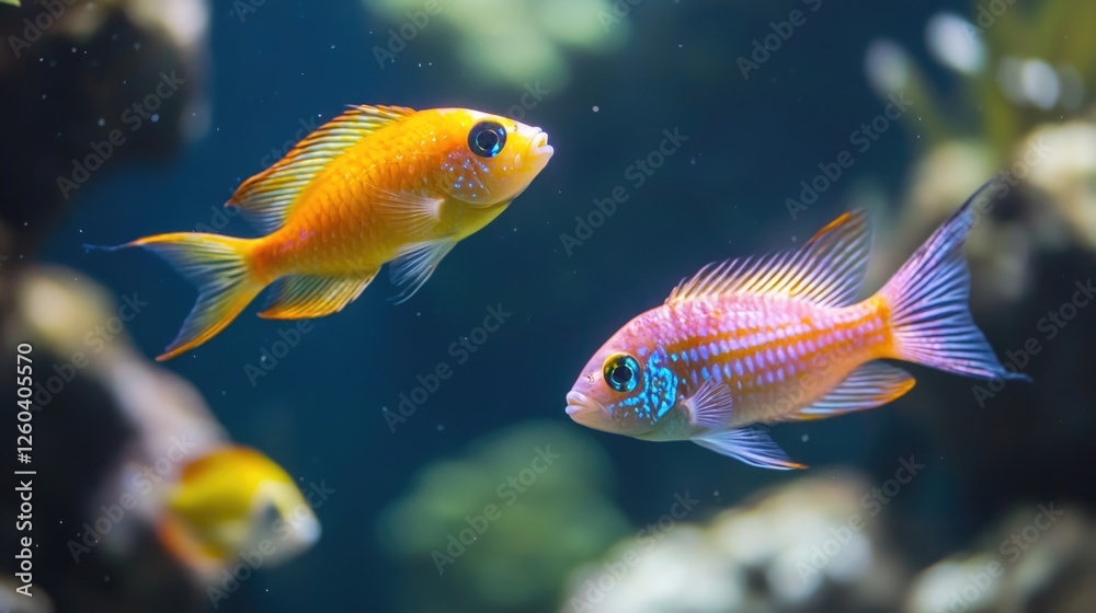 Fototapeta premium Colorful Tropical Fish Swimming in Clear Blue Water with Space for Copytext in Underwater Scene