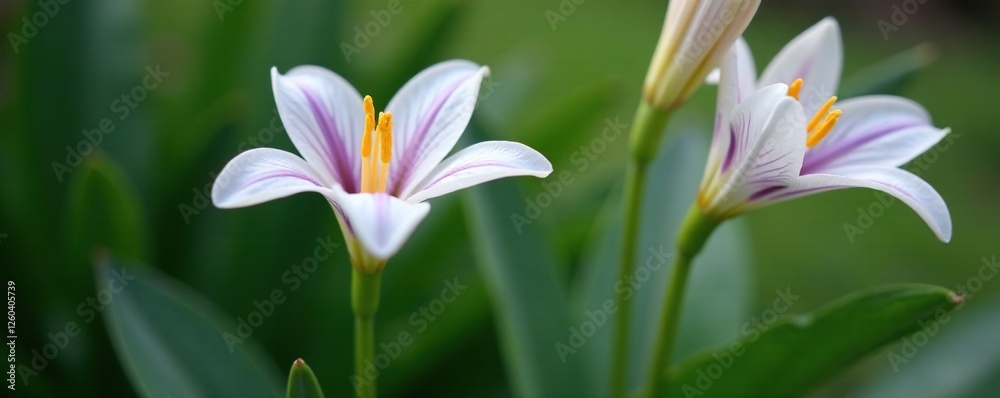 Fototapeta premium A delicate white and purple lily blooms on a slender green stem, radiating elegance, bloom, greenery