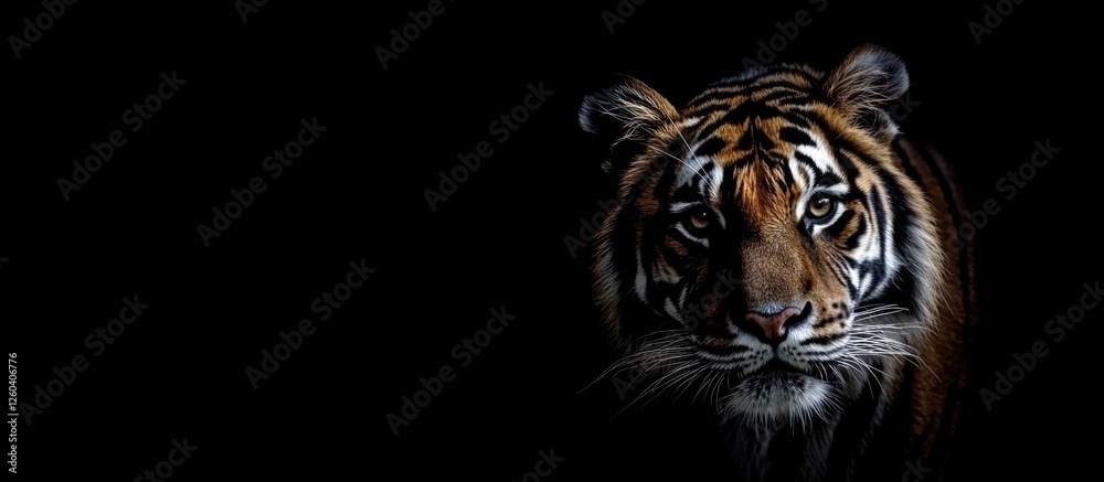 Fototapeta premium Intense gaze of a tiger against a dark background with ample space for adding text or graphics. Perfect for wildlife-themed projects.