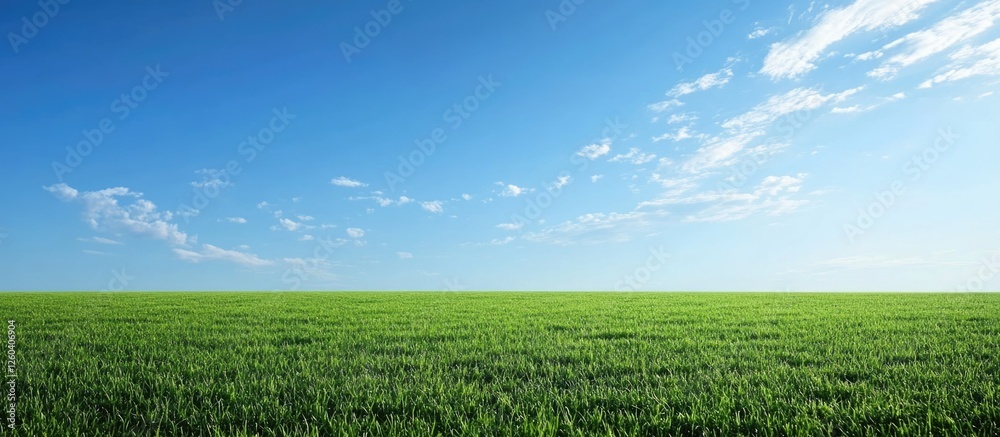 Fototapeta premium Lush green grass field under a clear blue sky in an empty stadium with ample space for promotional text or branding.