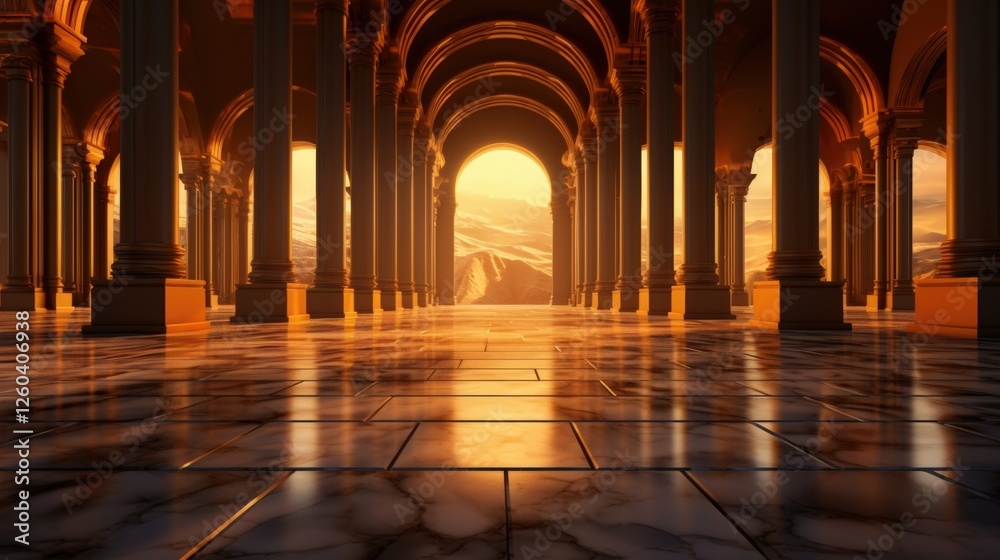 Obraz premium Serene Empty Room with Grand Columns and Sunset View in Background, Elegant Marble Floor Reflecting Warm Colors, Inviting Atmosphere for Meditation or Relaxation, Grand Hall of a Gilded Palace