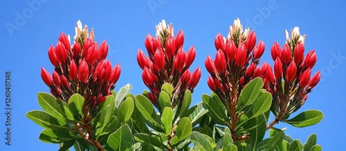 Vibrant red blooms of the erythrina crista galli also known as the cockspur coral tree against a clear blue sky showcasing its beauty. photo