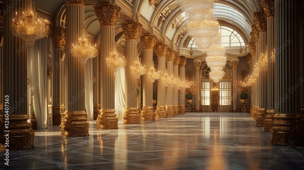 Obraz premium Opulent Ballroom Setting with Grand Chandeliers and Elegant Pillars in a Luxurious Interior Space, Grand Hall of a Gilded Palace
