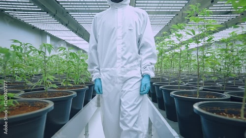 laboratory grower in white suit walking along the weed farm aisles, cannabis plantation room, weed farm quality control, cannabis industry, collect data working in the cannabis sativa indica indoor
