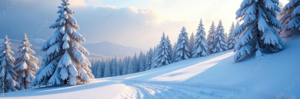 Snow-covered slope with trees in the background, snowy woods, frozen landscape Snow-covered slope with trees in the background, snowy woods, frozen landscape