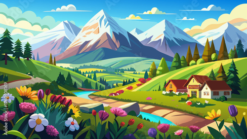 panoramic landscape with alps mountain range at springtime