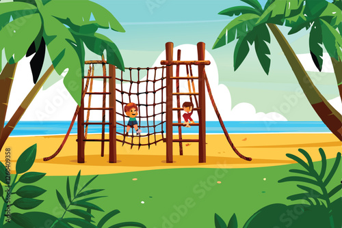 Sunny beachside playground featuring a rustic wooden climbing structure, children playing nearby, and blue ocean in the background.