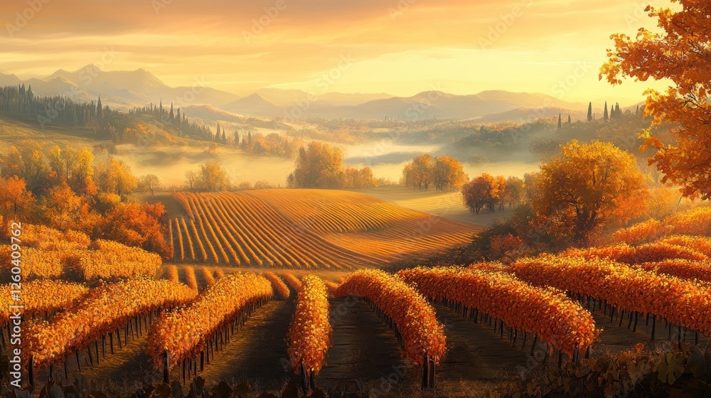 Obraz premium Autumn vineyard sunrise, rolling hills, misty valley. Postcard, travel