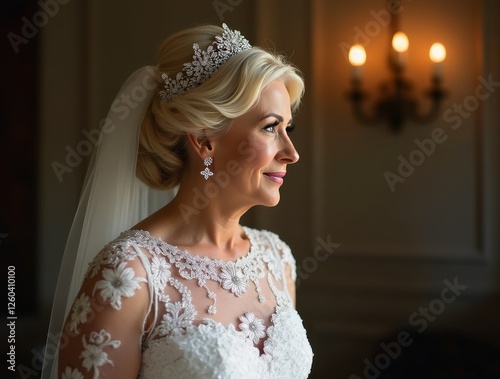 Beautiful bride wearing tiara and veil, gazing serenely in bridal suite photo