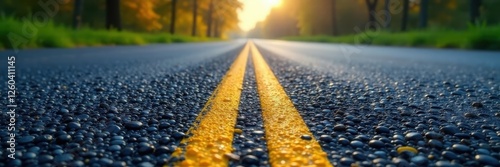 Smooth asphalt road, bright yellow center line, outdoors, horizon, yellow line