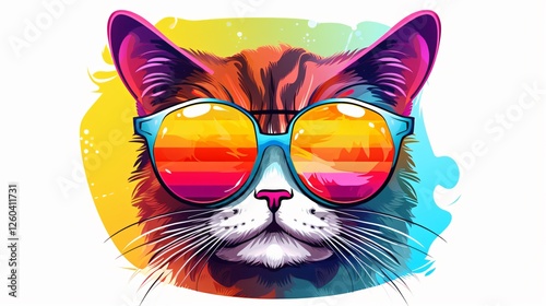 Colorful Cartoon Cat with Sunglasses Isolated on White Background