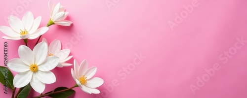 Vibrant pink background accented with pristine white flowers, studio shot, floral backdrop