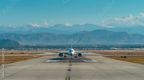 Airplane approaching on runway with backdrop of mountain range under clear sky