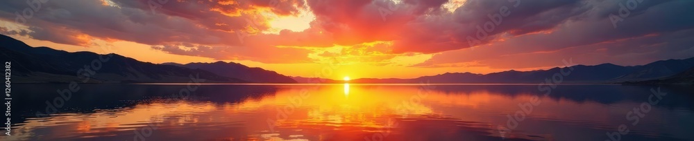 Obraz premium A majestic sunset casts golden glow on Utah Lake, landscape photography, Utah Lake