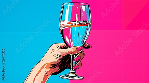 Elegant Female Hands Hold Champagne Glass over Blue Background