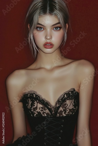 Portrait of a Young Woman with Pale Skin and Grey Hair Wearing a Black Lace Corset