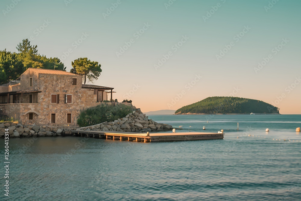 Scenic Seaside Villa with a Stunning Island View at Sunset Scenic Seaside Villa with a Stunning Island View at Sunset