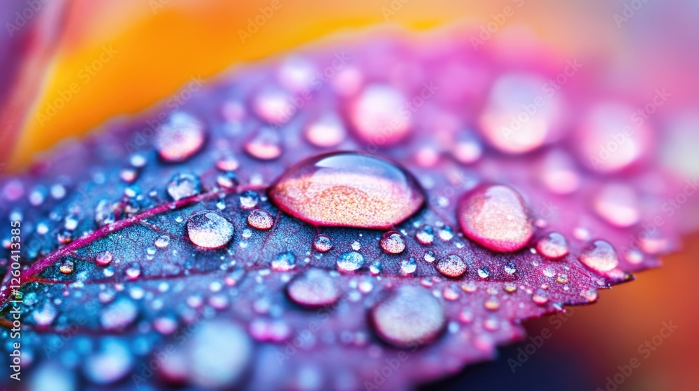 Macro Photography of Dew Drops on a Colorful Leaf Featuring Vibrant Details and Ideal Empty Space for Text Display