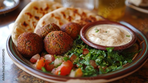 Authentic middle eastern falafel platter featuring fresh herbs and tangy sauce