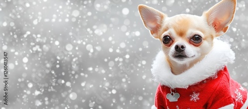 Charming Chihuahua in festive red Christmas outfit surrounded by a soft snowy background ideal for holiday text or greetings. photo