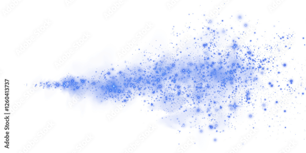 Obraz premium Fantastic blue smoke background. Magic blue smoke with glitter and small particles of twinkling stars. Fog with luminous particles. Blue vapor with stardust. Morning fog over land or water. PNG. 