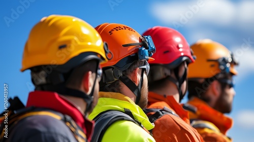 Groupe d'hommes avec des équipements de protection variés pour le travail. photo