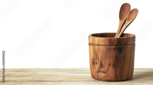 Wooden kitchen utensil holder with wooden spoons isolated on white background for culinary designs and recipe text placement photo