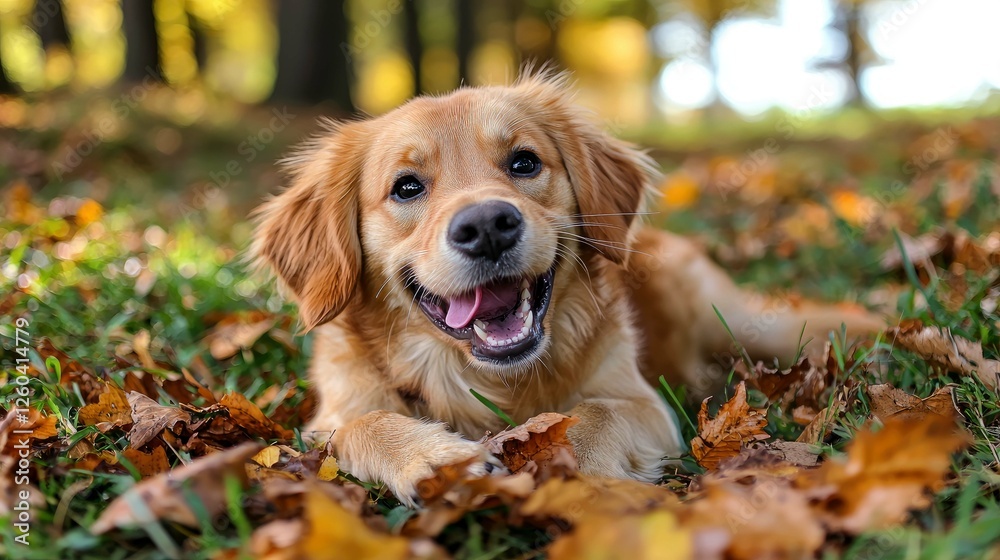 Adorable Golden Retriever Puppy in Autumn Leaves, Happy Dog in Fall Season Adorable Golden Retriever Puppy in Autumn Leaves, Happy Dog in Fall Season