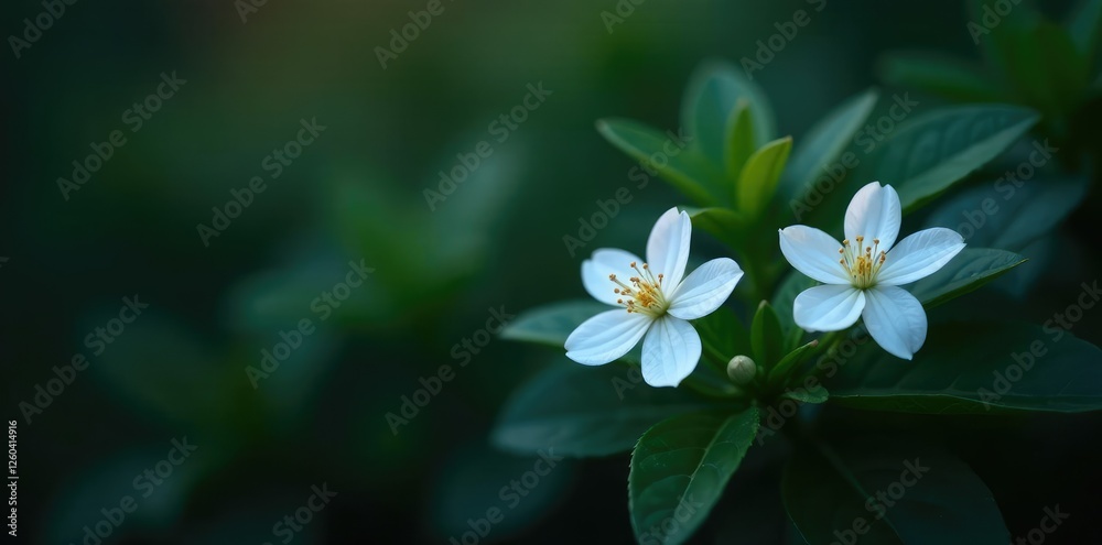 Delicate white blooms on dark green foliage at dusk, night blooming flowers Delicate white blooms on dark green foliage at dusk, night blooming flowers