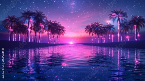 Neon twilight echoes serene reflections beneath a starlit, palm fringed coast spectacle